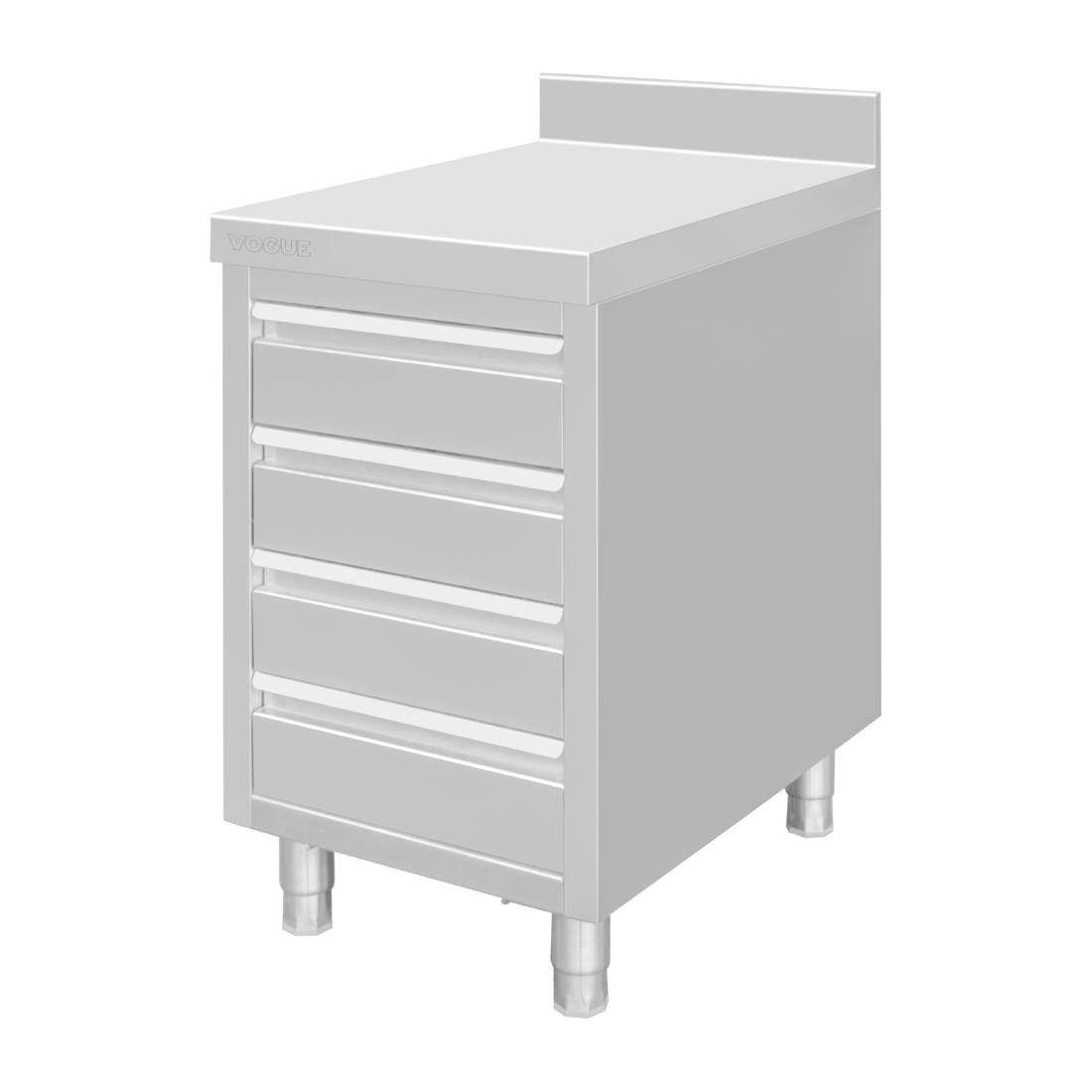 Plan de travail 4 tiroirs en inox Vogue avec dosseret de 100 mm DP276