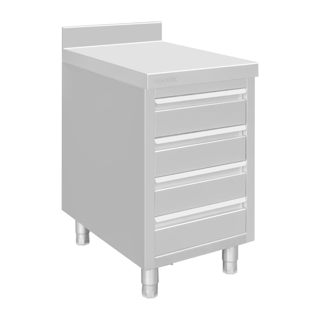 Plan de travail 4 tiroirs en inox Vogue avec dosseret de 100 mm DP276