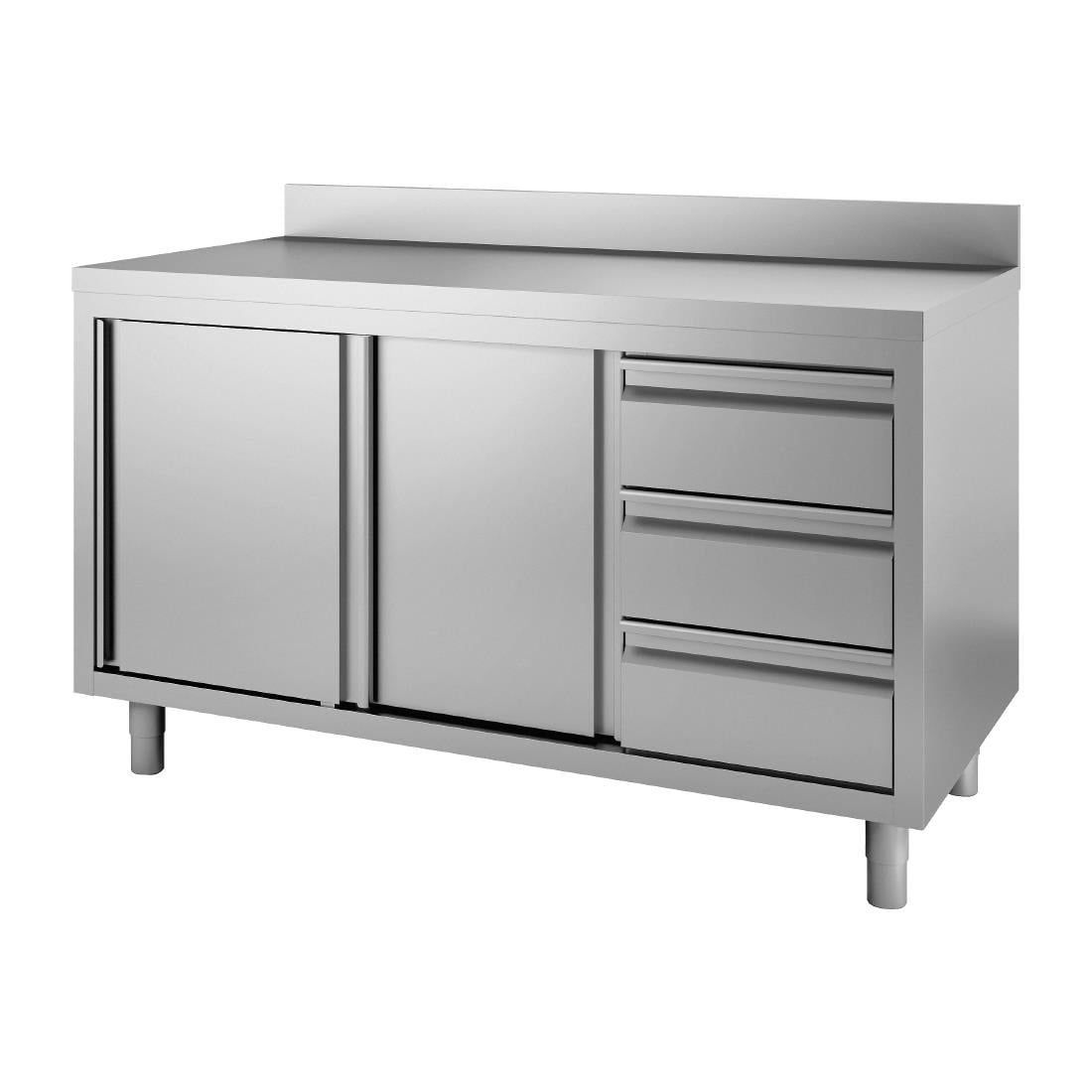 Table armoire inox avec dosseret 3 tiroirs à droite et portes coulissantes Gastro M 850/900x1400x700mm DS442