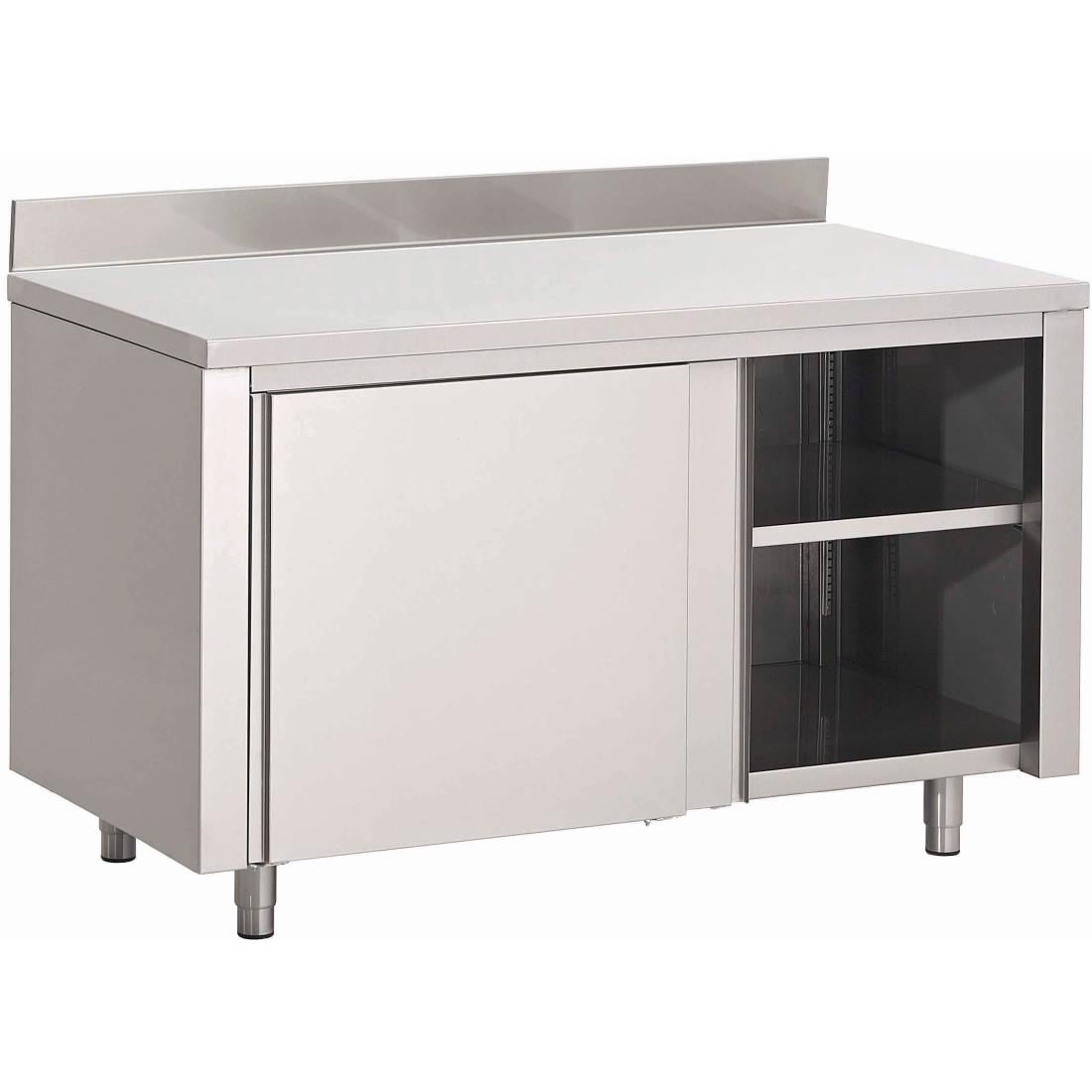 Table armoire inox avec portes coulissantes et dosseret Gastro M 1400 x 700 x 850mm GN158