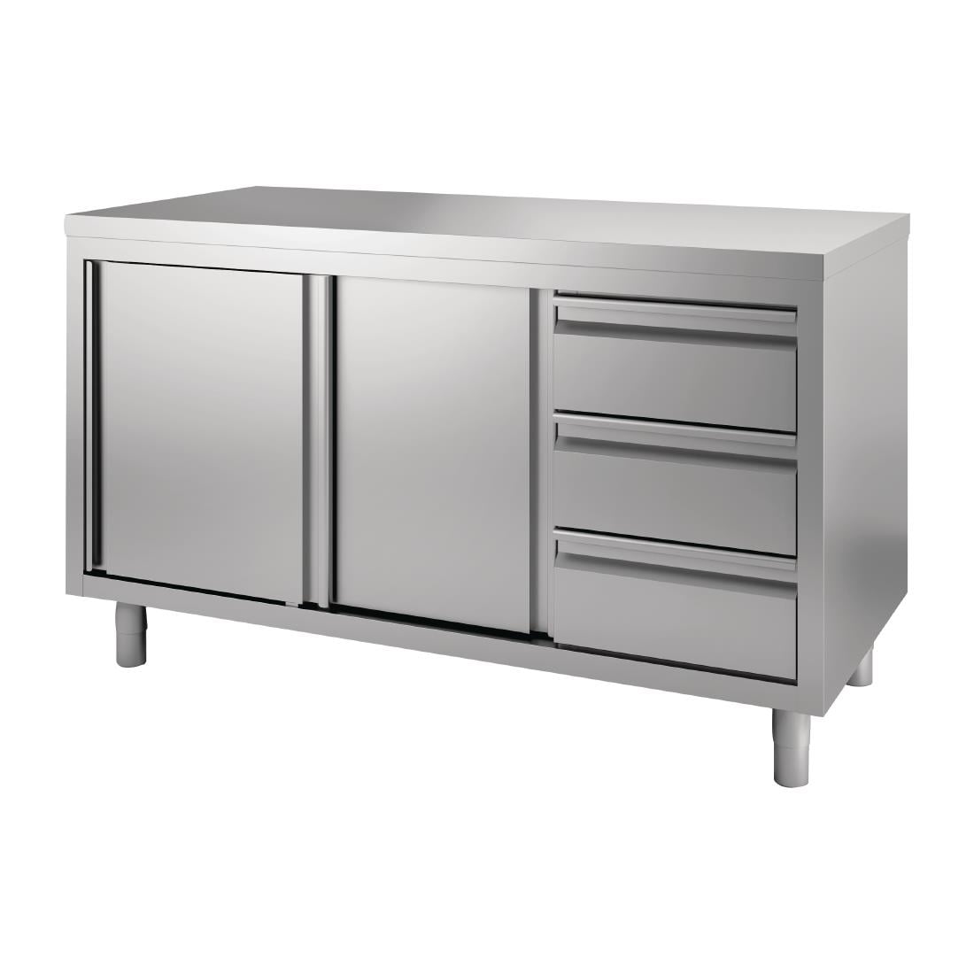Table armoire inox avec portes coulissantes et 3 tiroirs à droite Gastro M 2000 x 700 x 850/900mm GN167