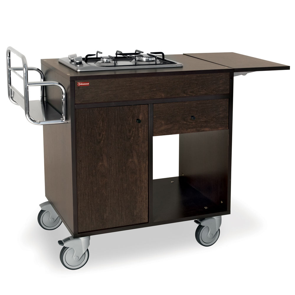 Chariot Flambé, 2 brûleurs à gaz, « Wengé », avec roues 2 avec freins DIAMOND CF/2FW