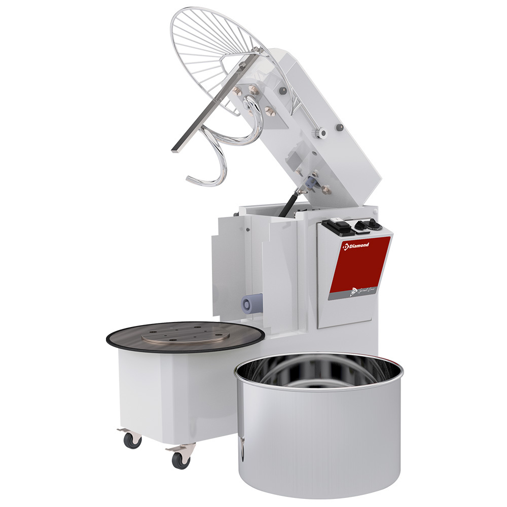 Pétrisseur à spirale 33 litres, tête inclinable, cuve amovible, 2 vitesses, minuterie, sur roulettes DIAMOND NT33AL/T2V-Y-230/3-
