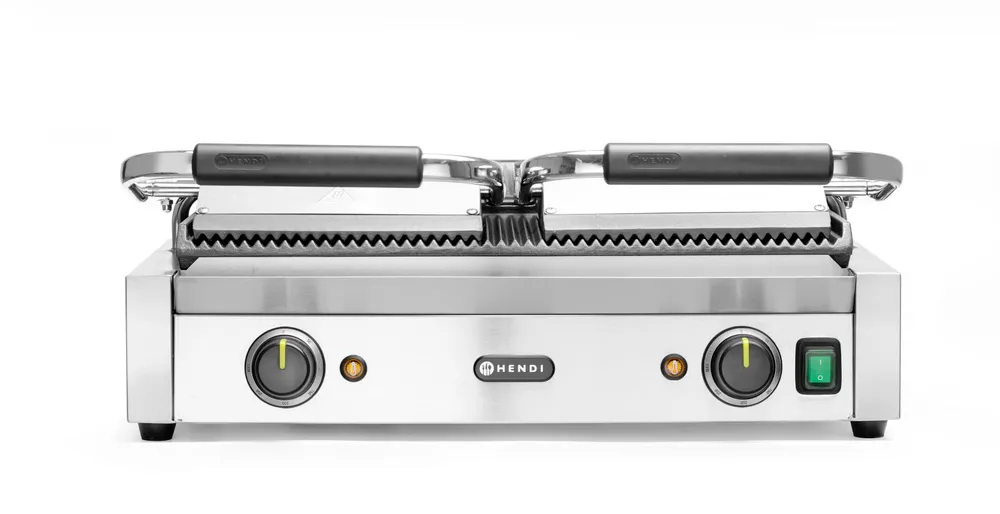 Grill de contact - modèle double, HENDI, dessus et dessous rainurés, 230V/3600W, 570x395x(H)510mm
