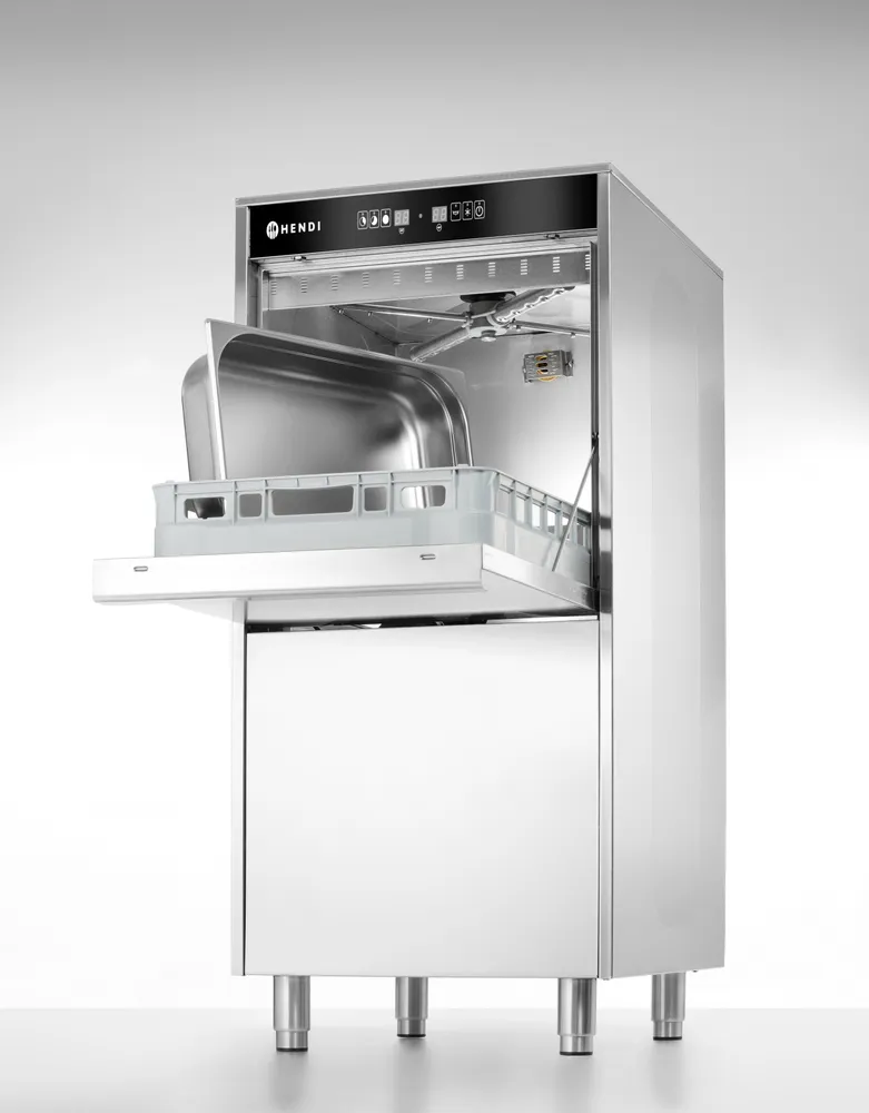 Lave-vaisselle 50x60 pour plateaux et casseroles – à commande électronique, avec système de dosage de détergent et pompe de vidange, HENDI, 400V/7100W, 595x777x(H)1335mm
