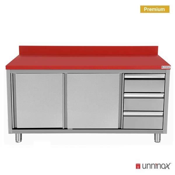 Meuble de rangement en polyéthylène avec portes coulissantes et 3 tiroirs à droite | 1200 x 700 x H850 mm